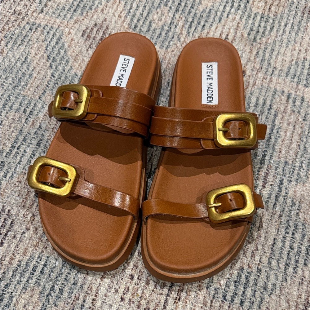 Steve Madden Tan Leather Double Buckle Slide Sandals